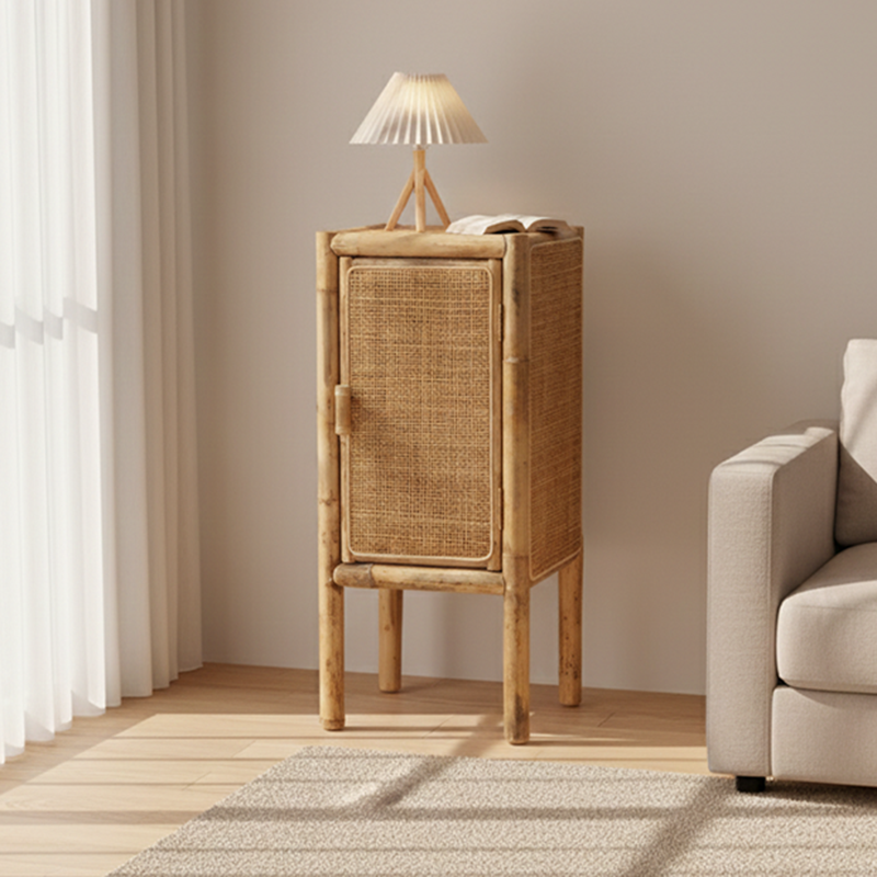 Traditional Chinese Slim Storage Cabinet: Natural Indonesian Rattan & Handwoven - Space-Saving Storage Sideboard For Living Room Cuvalon