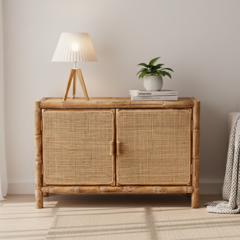 Traditional Chinese Rectangular Storage Cabinet: Natural Indonesian Rattan & Handwoven - Large Capacity Storage Sideboard For Living Room Cuvalon