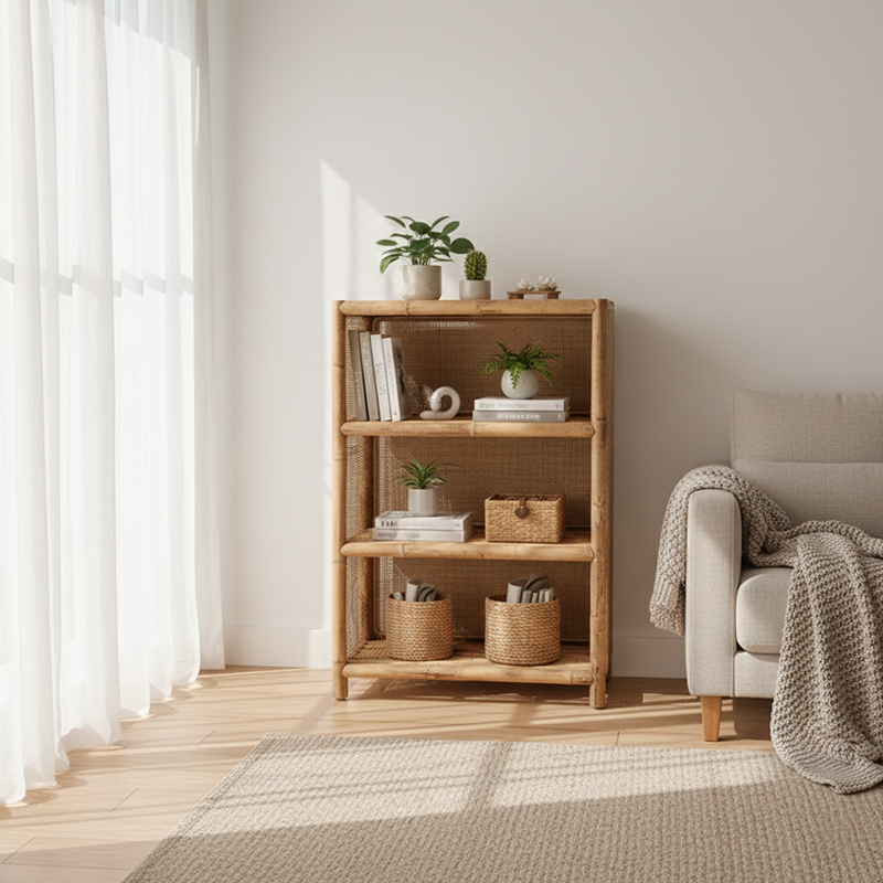 Traditional Chinese Rectangular Bookshelf: Natural Indonesian Rattan & Handwoven - 3-Tier Large Capacity Storage Shelf For Living Room Cuvalon