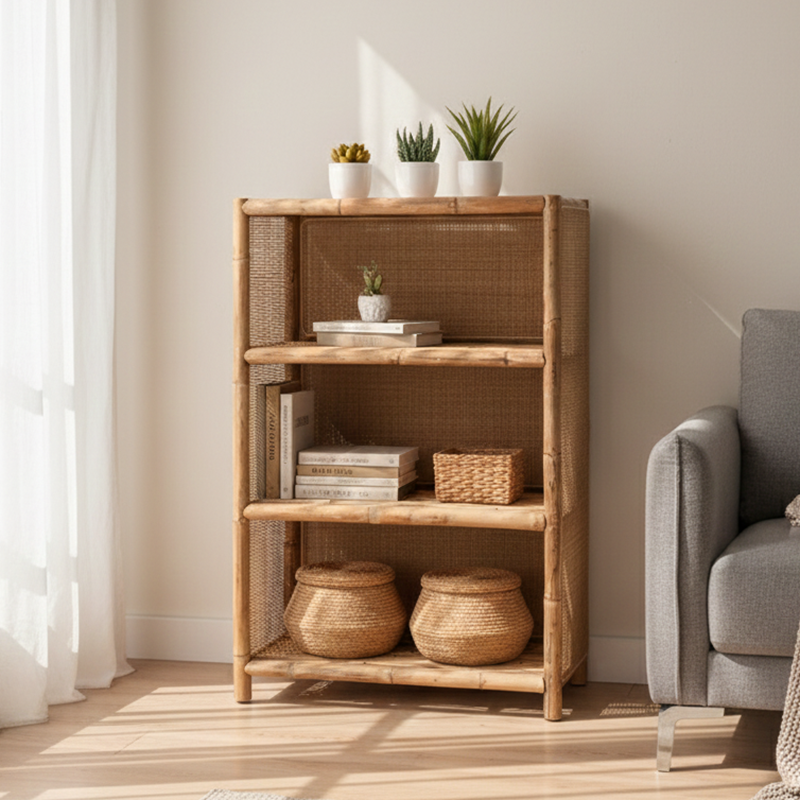 Traditional Chinese Rectangular Bookshelf: Natural Indonesian Rattan & Handwoven - 3-Tier Large Capacity Storage Shelf For Living Room Cuvalon
