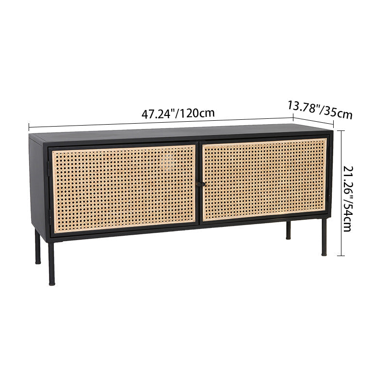 Traditional Vintage Rectangular Iron Storage Cabinet: Natural Indonesian Rattan & Handwoven - 1-Cabinet Large Capacity Sideboard For Living Room Cuvalon