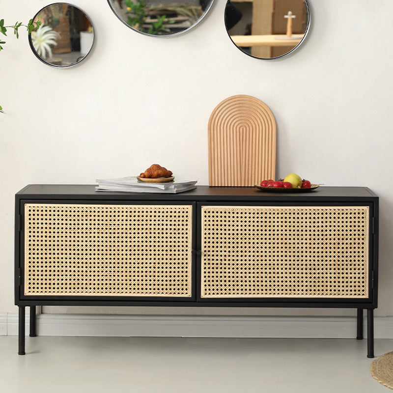 Traditional Vintage Rectangular Iron Storage Cabinet: Natural Indonesian Rattan & Handwoven - 1-Cabinet Large Capacity Sideboard For Living Room Cuvalon