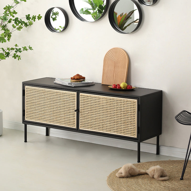 Traditional Vintage Rectangular Iron Storage Cabinet: Natural Indonesian Rattan & Handwoven - 1-Cabinet Large Capacity Sideboard For Living Room Cuvalon
