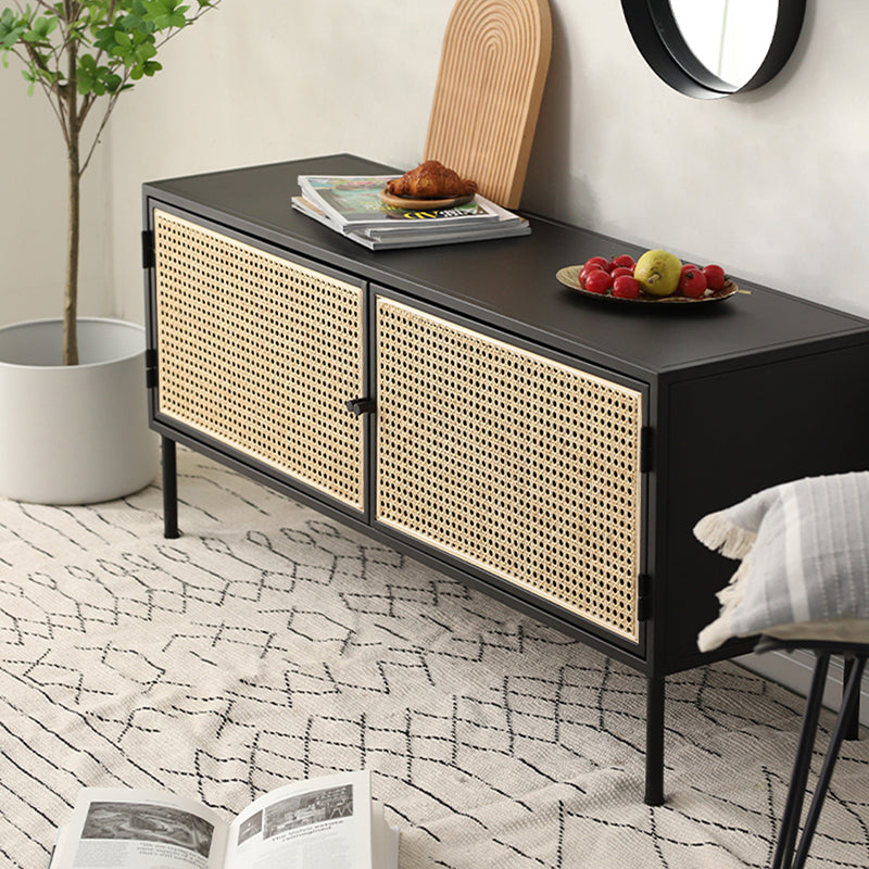 Traditional Vintage Rectangular Iron Storage Cabinet: Natural Indonesian Rattan & Handwoven - 1-Cabinet Large Capacity Sideboard For Living Room Cuvalon