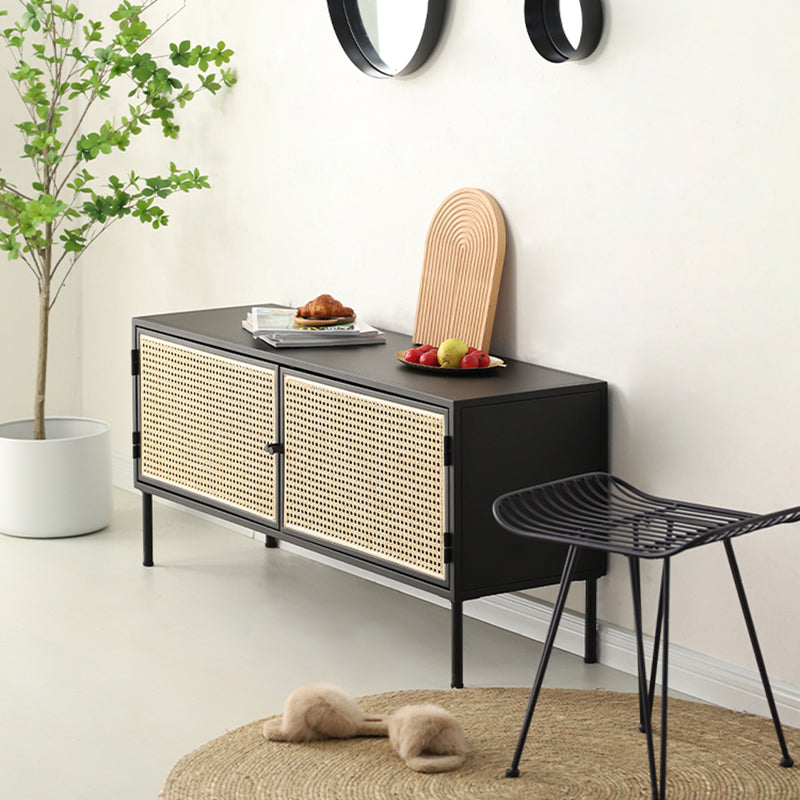 Traditional Vintage Rectangular Iron Storage Cabinet: Natural Indonesian Rattan & Handwoven - 1-Cabinet Large Capacity Sideboard For Living Room Cuvalon