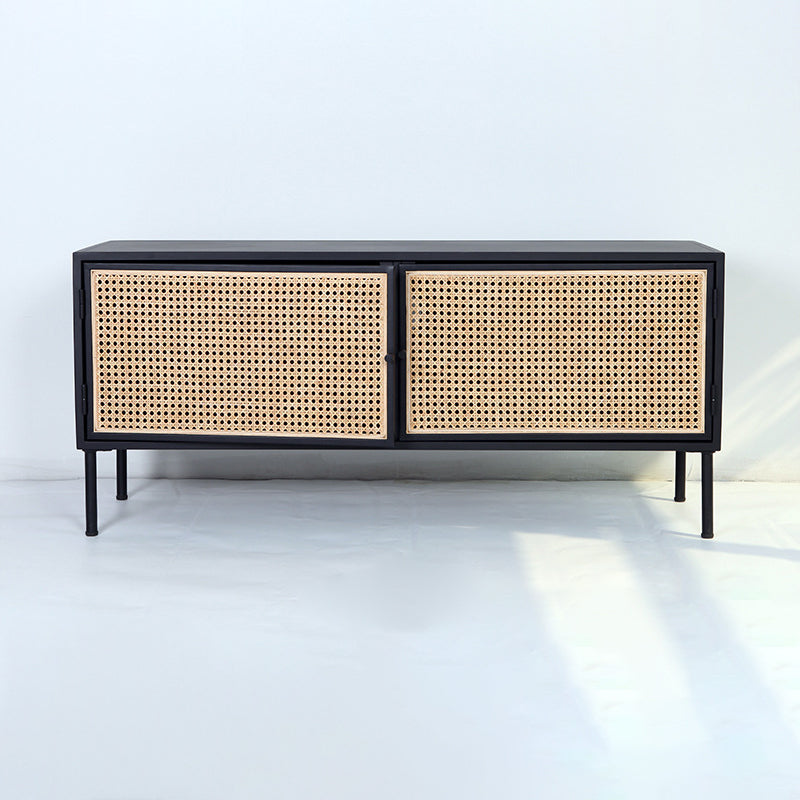 Traditional Vintage Rectangular Iron Storage Cabinet: Natural Indonesian Rattan & Handwoven - 1-Cabinet Large Capacity Sideboard For Living Room Cuvalon