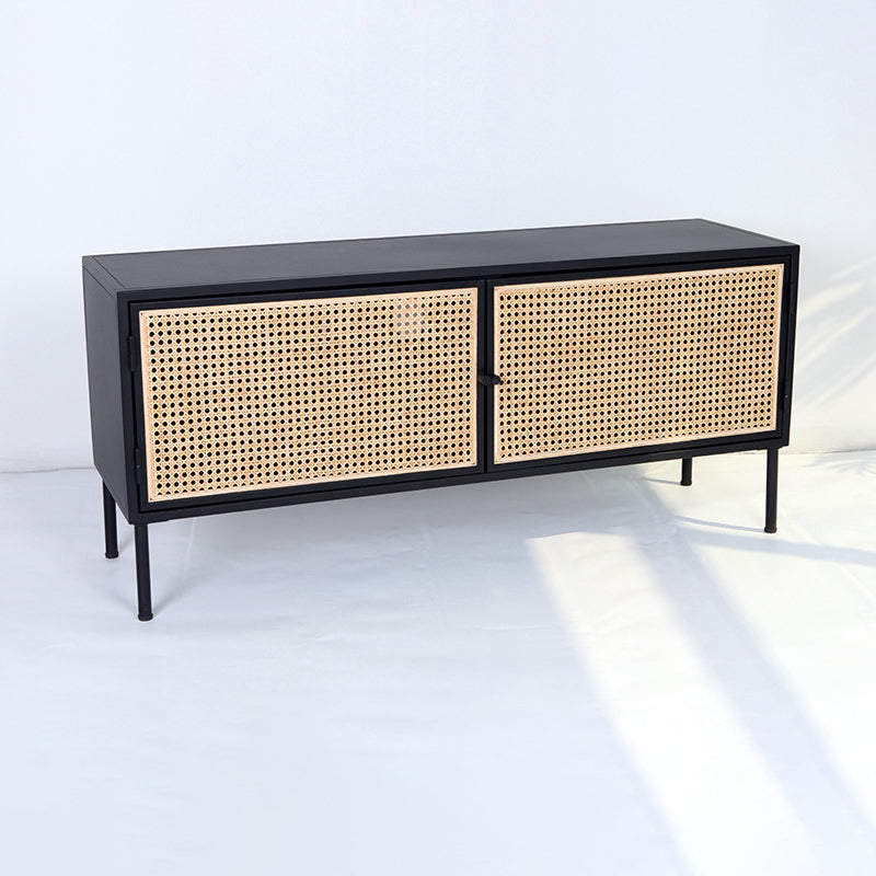 Traditional Vintage Rectangular Iron Storage Cabinet: Natural Indonesian Rattan & Handwoven - 1-Cabinet Large Capacity Sideboard For Living Room Cuvalon