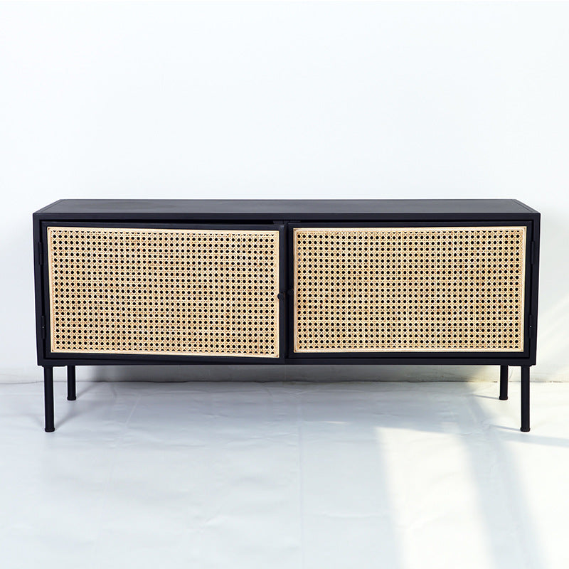 Traditional Vintage Rectangular Iron Storage Cabinet: Natural Indonesian Rattan & Handwoven - 1-Cabinet Large Capacity Sideboard For Living Room Cuvalon
