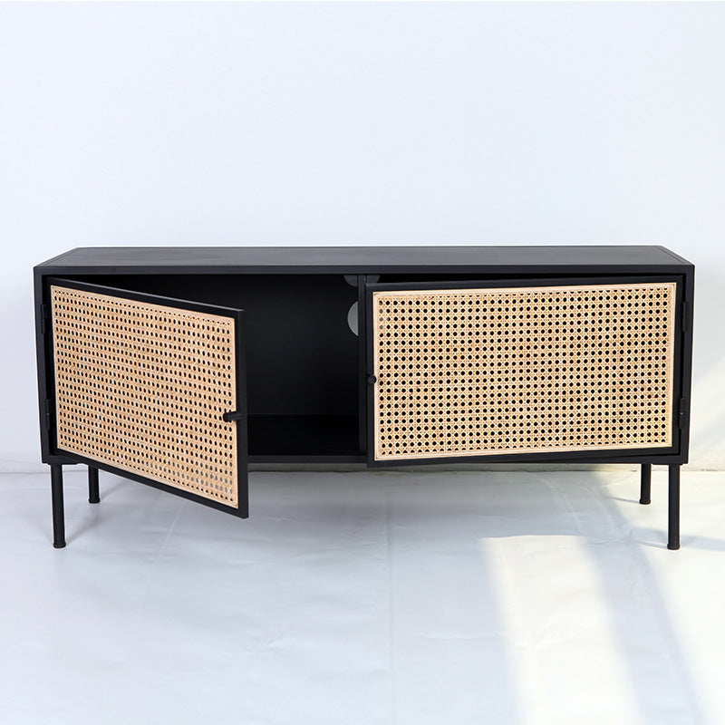 Traditional Vintage Rectangular Iron Storage Cabinet: Natural Indonesian Rattan & Handwoven - 1-Cabinet Large Capacity Sideboard For Living Room Cuvalon
