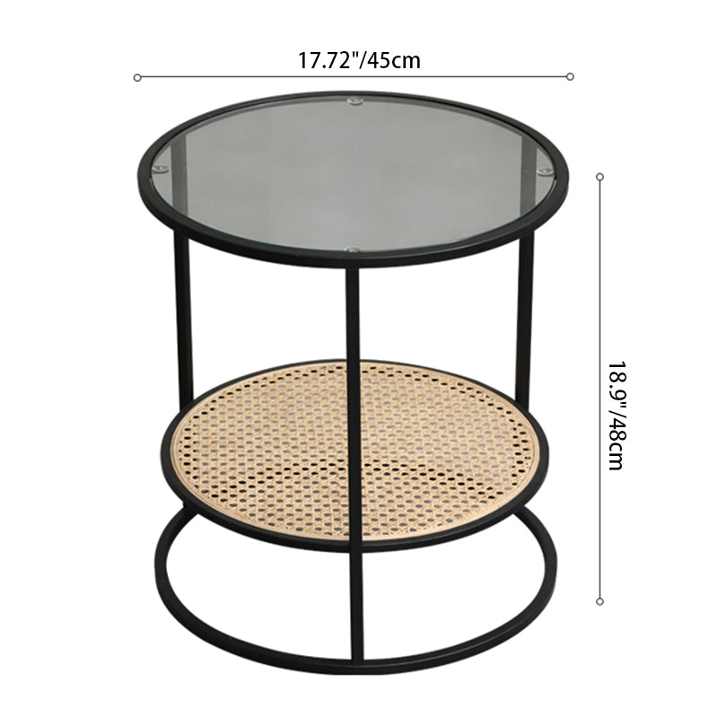Modern Minimalist Round Glass-Top Side Table: Natural Indonesian Rattan & Handwoven - 2-Tier End Table For Living Room Cuvalon
