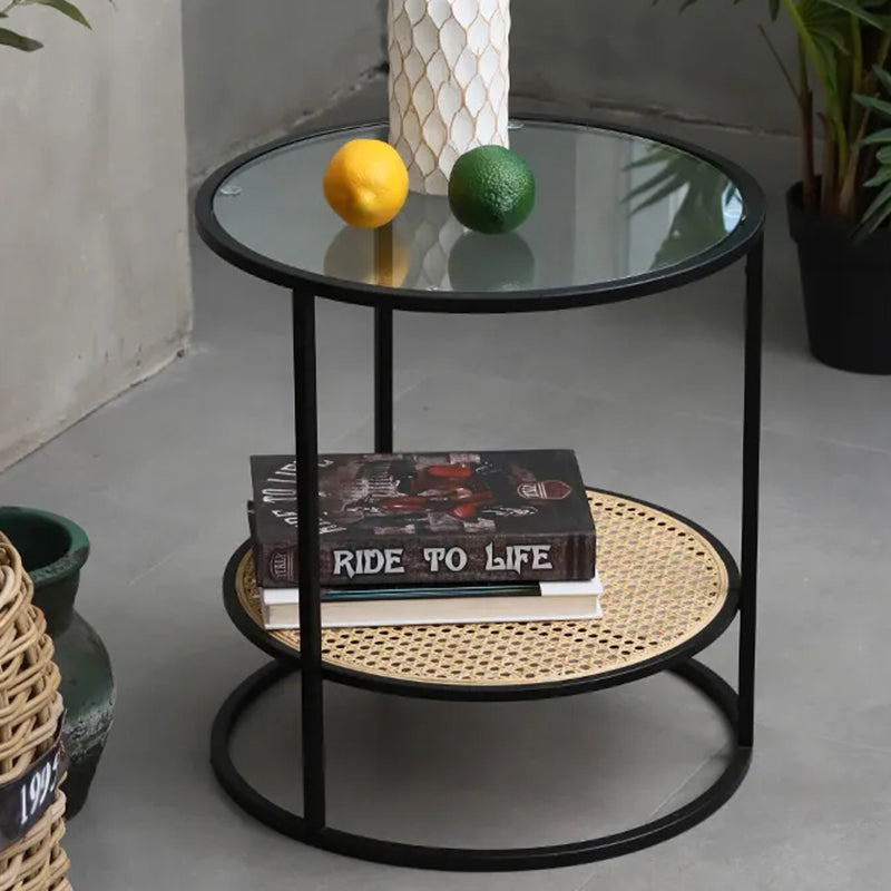 Modern Minimalist Round Glass-Top Side Table: Natural Indonesian Rattan & Handwoven - 2-Tier End Table For Living Room Cuvalon