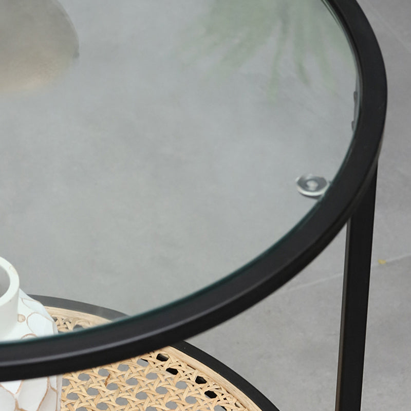 Modern Minimalist Round Glass-Top Side Table: Natural Indonesian Rattan & Handwoven - 2-Tier End Table For Living Room Cuvalon