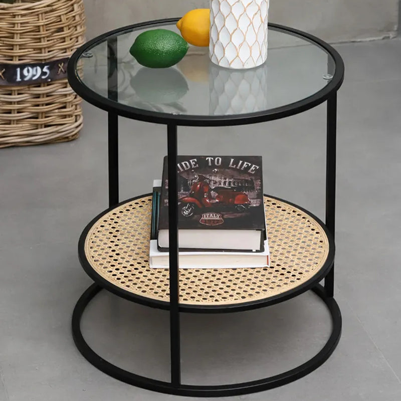 Modern Minimalist Round Glass-Top Side Table: Natural Indonesian Rattan & Handwoven - 2-Tier End Table For Living Room Cuvalon