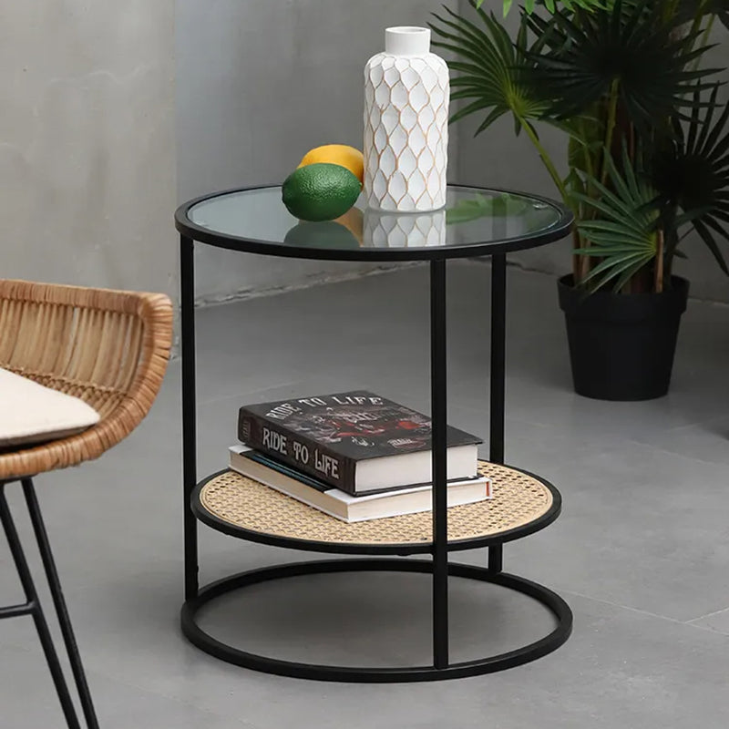 Modern Minimalist Round Glass-Top Side Table: Natural Indonesian Rattan & Handwoven - 2-Tier End Table For Living Room Cuvalon