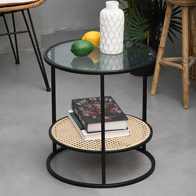 Modern Minimalist Round Glass-Top Side Table: Natural Indonesian Rattan & Handwoven - 2-Tier End Table For Living Room Cuvalon