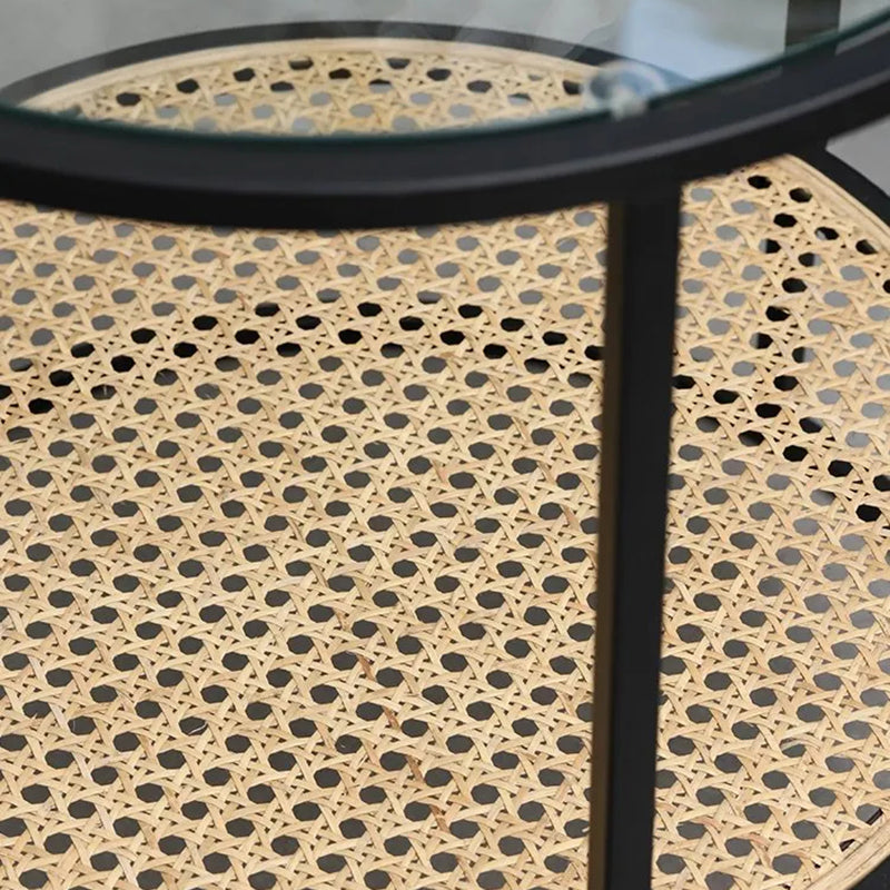 Modern Minimalist Round Glass-Top Side Table: Natural Indonesian Rattan & Handwoven - 2-Tier End Table For Living Room Cuvalon