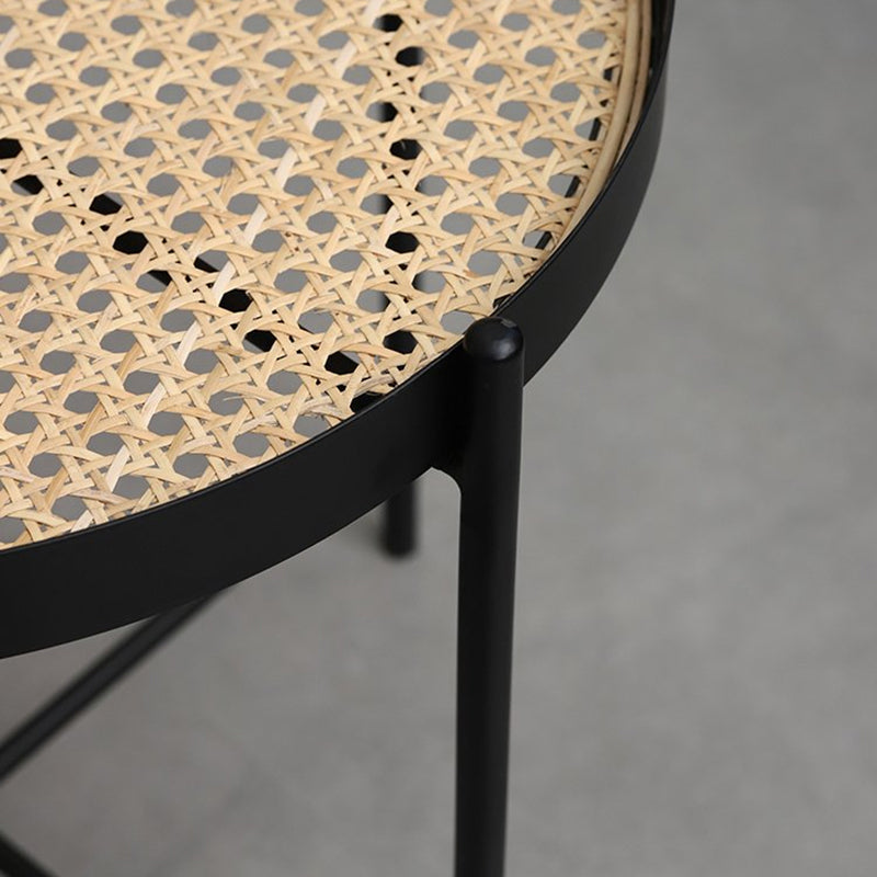Modern Minimalist Round Glass-Top Side Table: Natural Indonesian Rattan & Handwoven - 2-Tier End Table For Living Room Cuvalon