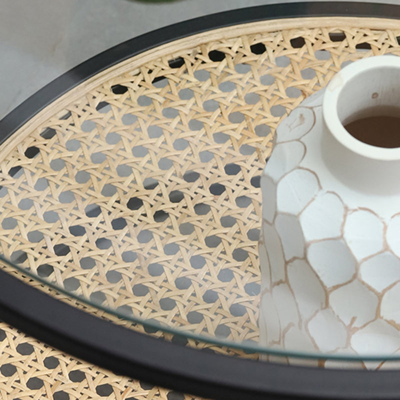 Modern Minimalist Round Glass-Top Side Table: Natural Indonesian Rattan & Handwoven - 2-Tier End Table For Living Room Cuvalon