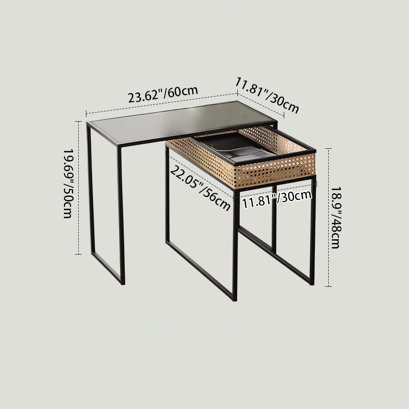 Modern Minimalist Rectangular Iron Desk: Natural Indonesian Rattan & Handwoven - 1 Storage Cabinet Side Table For Living Room Cuvalon