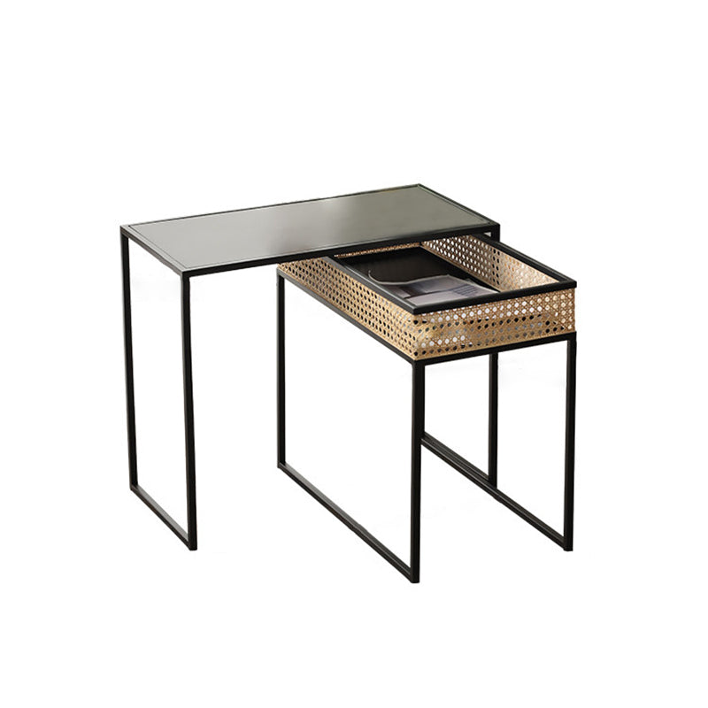 Modern Minimalist Rectangular Iron Desk: Natural Indonesian Rattan & Handwoven - 1 Storage Cabinet Side Table For Living Room Cuvalon