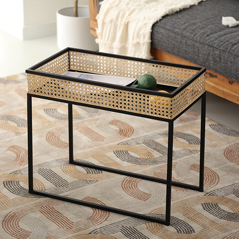 Modern Minimalist Rectangular Iron Desk: Natural Indonesian Rattan & Handwoven - 1 Storage Cabinet Side Table For Living Room Cuvalon
