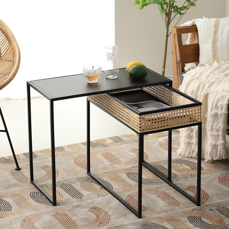Modern Minimalist Rectangular Iron Desk: Natural Indonesian Rattan & Handwoven - 1 Storage Cabinet Side Table For Living Room Cuvalon