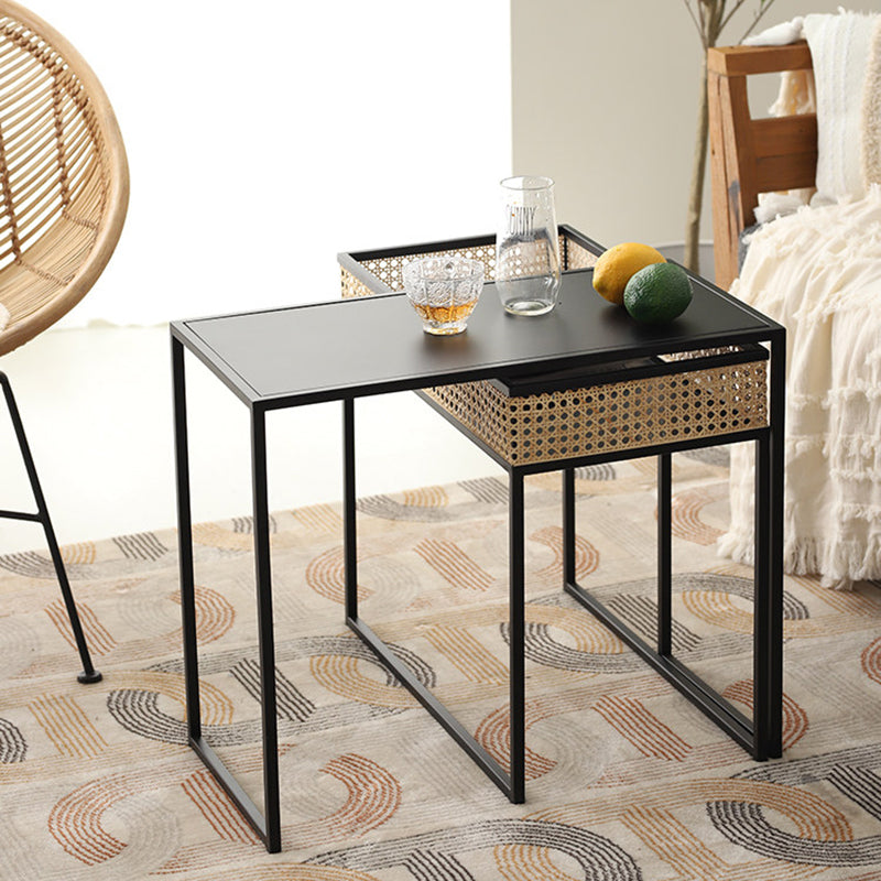 Modern Minimalist Rectangular Iron Desk: Natural Indonesian Rattan & Handwoven - 1 Storage Cabinet Side Table For Living Room Cuvalon