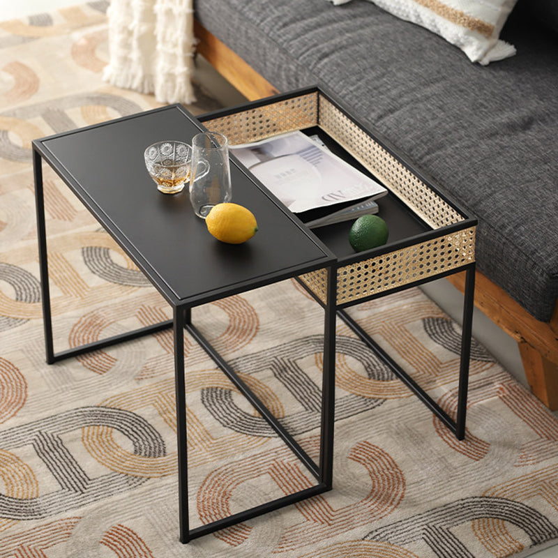 Modern Minimalist Rectangular Iron Desk: Natural Indonesian Rattan & Handwoven - 1 Storage Cabinet Side Table For Living Room Cuvalon