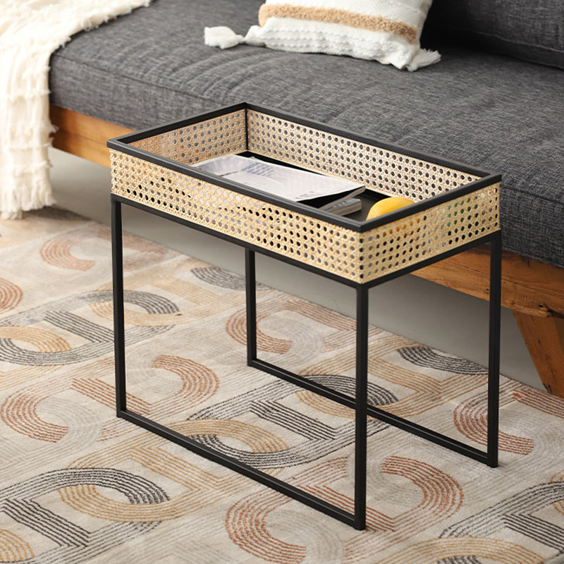 Modern Minimalist Rectangular Iron Desk: Natural Indonesian Rattan & Handwoven - 1 Storage Cabinet Side Table For Living Room Cuvalon