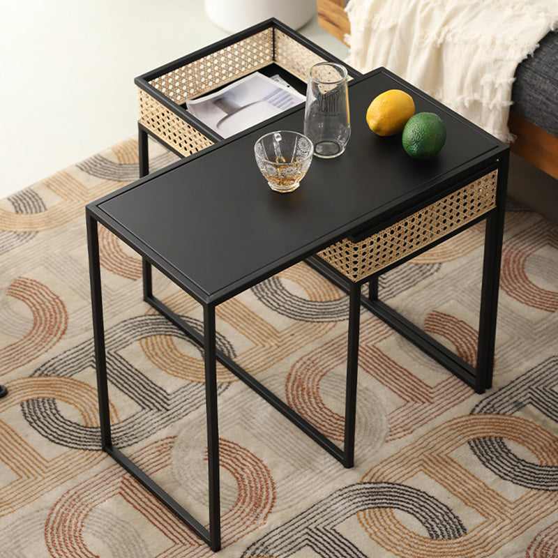 Modern Minimalist Rectangular Iron Desk: Natural Indonesian Rattan & Handwoven - 1 Storage Cabinet Side Table For Living Room Cuvalon