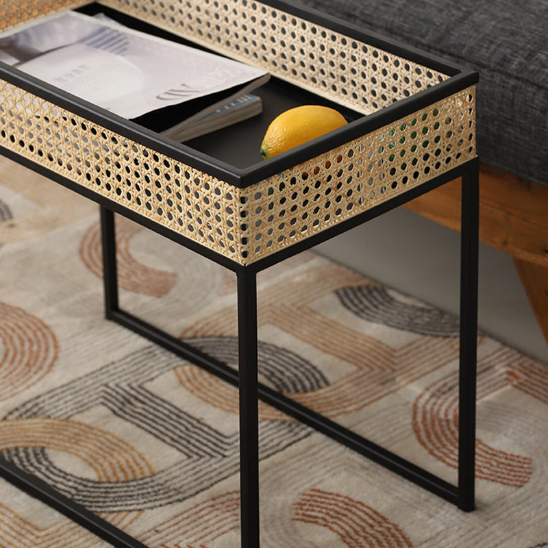 Modern Minimalist Rectangular Iron Desk: Natural Indonesian Rattan & Handwoven - 1 Storage Cabinet Side Table For Living Room Cuvalon
