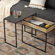 Modern Minimalist Rectangular Iron Desk: Natural Indonesian Rattan & Handwoven - 1 Storage Cabinet Side Table For Living Room Cuvalon