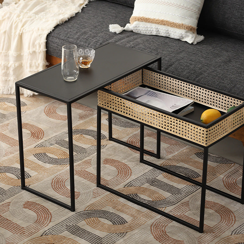 Modern Minimalist Rectangular Iron Desk: Natural Indonesian Rattan & Handwoven - 1 Storage Cabinet Side Table For Living Room Cuvalon