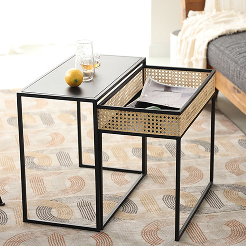 Modern Minimalist Rectangular Iron Desk: Natural Indonesian Rattan & Handwoven - 1 Storage Cabinet Side Table For Living Room Cuvalon