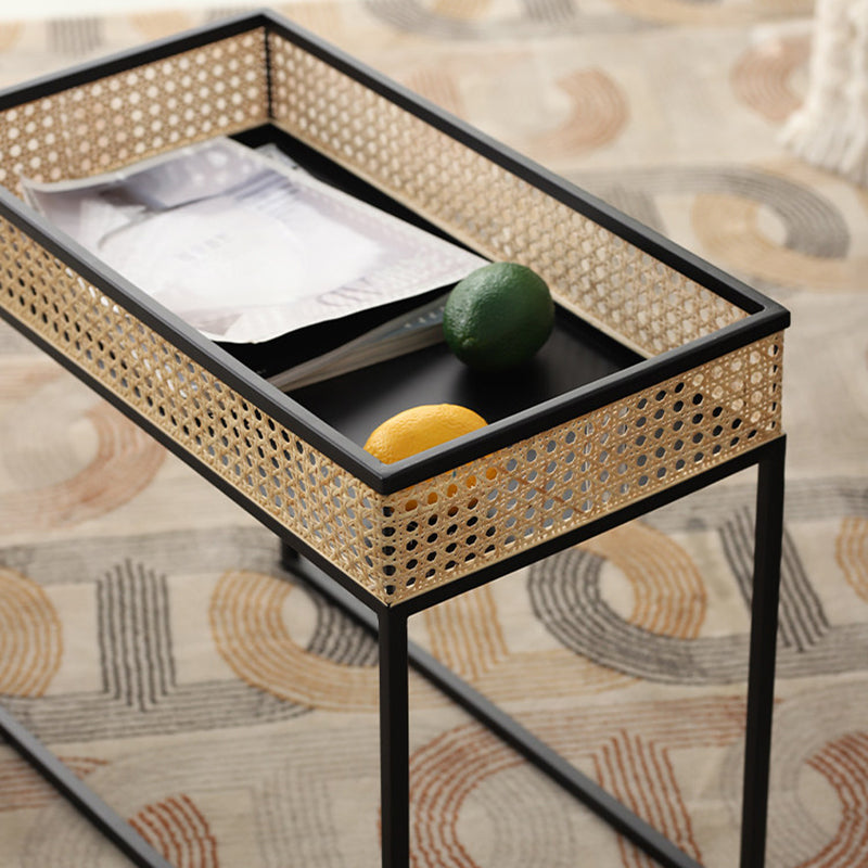 Modern Minimalist Rectangular Iron Desk: Natural Indonesian Rattan & Handwoven - 1 Storage Cabinet Side Table For Living Room Cuvalon