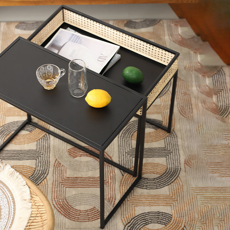 Modern Minimalist Rectangular Iron Desk: Natural Indonesian Rattan & Handwoven - 1 Storage Cabinet Side Table For Living Room Cuvalon