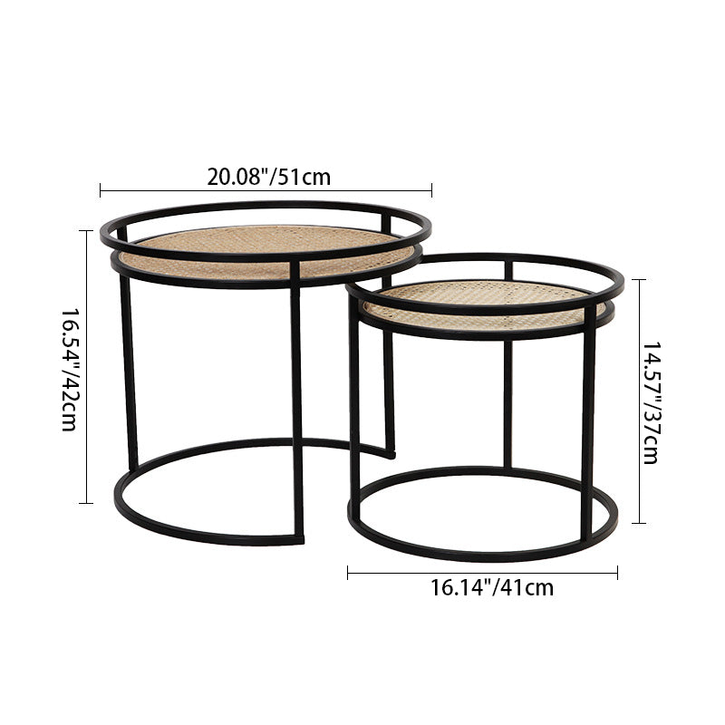 Modern Minimalist Round Iron Side Table: Natural Indonesian Rattan & Handwoven - Dual-Table Set End Table For Living Room Cuvalon