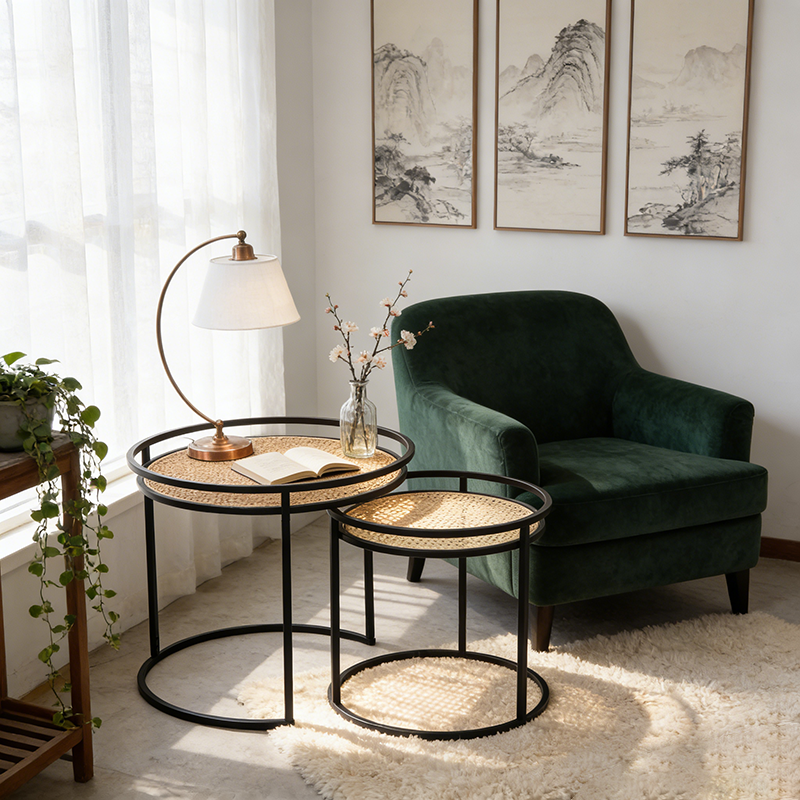 Modern Minimalist Round Iron Side Table: Natural Indonesian Rattan & Handwoven - Dual-Table Set End Table For Living Room Cuvalon