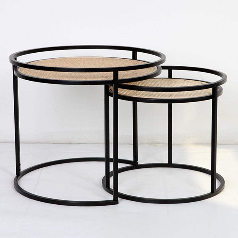 Modern Minimalist Round Iron Side Table: Natural Indonesian Rattan & Handwoven - Dual-Table Set End Table For Living Room Cuvalon