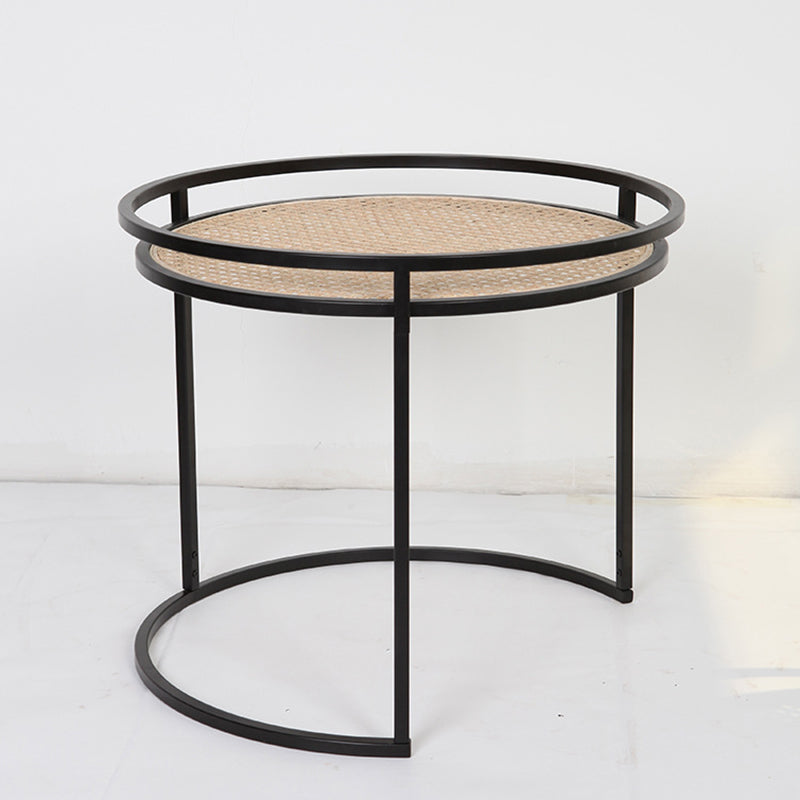 Modern Minimalist Round Iron Side Table: Natural Indonesian Rattan & Handwoven - Dual-Table Set End Table For Living Room Cuvalon