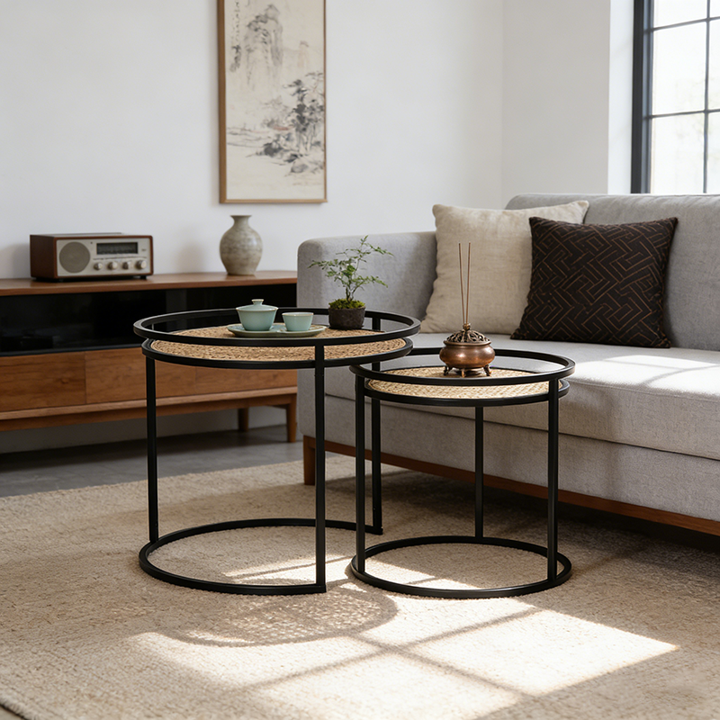 Modern Minimalist Round Iron Side Table: Natural Indonesian Rattan & Handwoven - Dual-Table Set End Table For Living Room Cuvalon