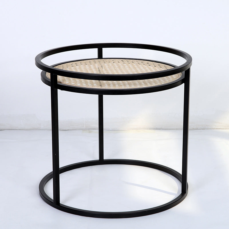 Modern Minimalist Round Iron Side Table: Natural Indonesian Rattan & Handwoven - Dual-Table Set End Table For Living Room Cuvalon