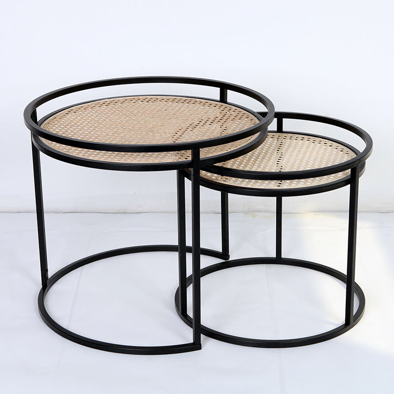 Modern Minimalist Round Iron Side Table: Natural Indonesian Rattan & Handwoven - Dual-Table Set End Table For Living Room Cuvalon