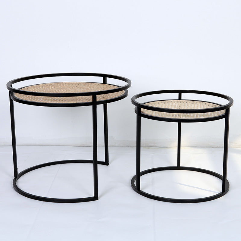 Modern Minimalist Round Iron Side Table: Natural Indonesian Rattan & Handwoven - Dual-Table Set End Table For Living Room Cuvalon