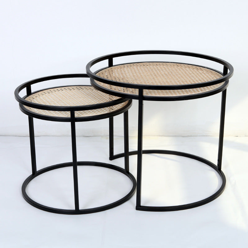 Modern Minimalist Round Iron Side Table: Natural Indonesian Rattan & Handwoven - Dual-Table Set End Table For Living Room Cuvalon