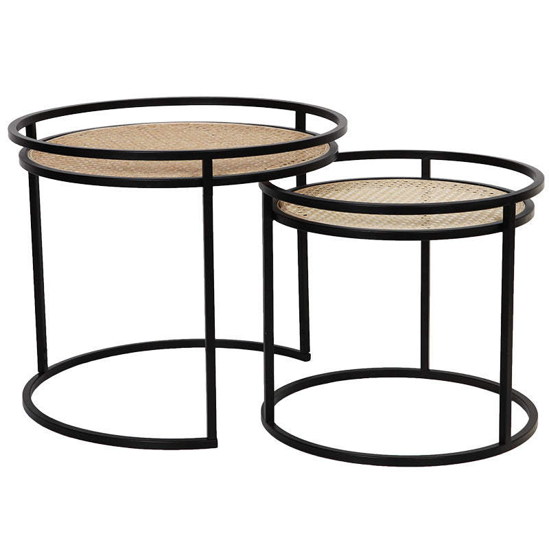 Modern Minimalist Round Iron Side Table: Natural Indonesian Rattan & Handwoven - Dual-Table Set End Table For Living Room Cuvalon