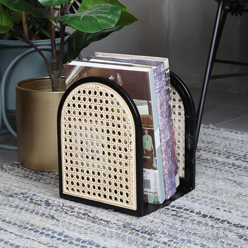 Traditional Vintage Half-Round Iron Bookshelf: Natural Indonesian Rattan & Handwoven - Desk Storage Shelf For Study & Bedroom Cuvalon