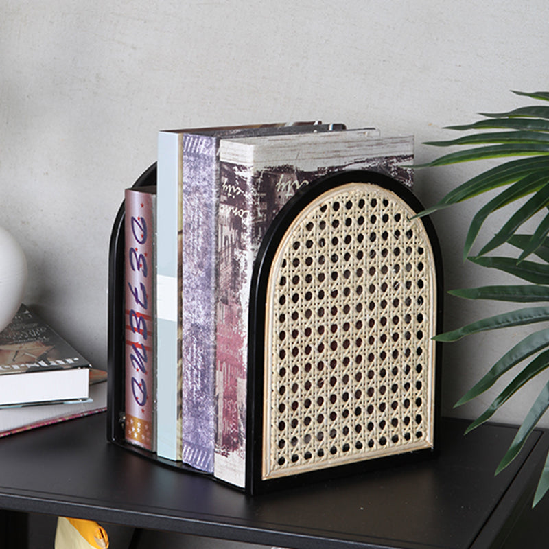 Traditional Vintage Half-Round Iron Bookshelf: Natural Indonesian Rattan & Handwoven - Desk Storage Shelf For Study & Bedroom Cuvalon