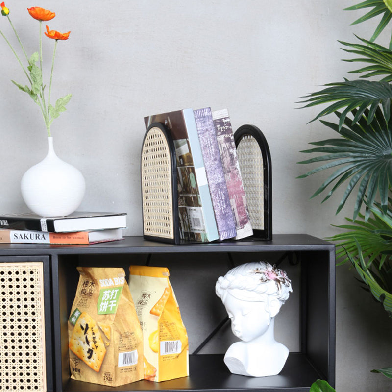 Traditional Vintage Half-Round Iron Bookshelf: Natural Indonesian Rattan & Handwoven - Desk Storage Shelf For Study & Bedroom Cuvalon