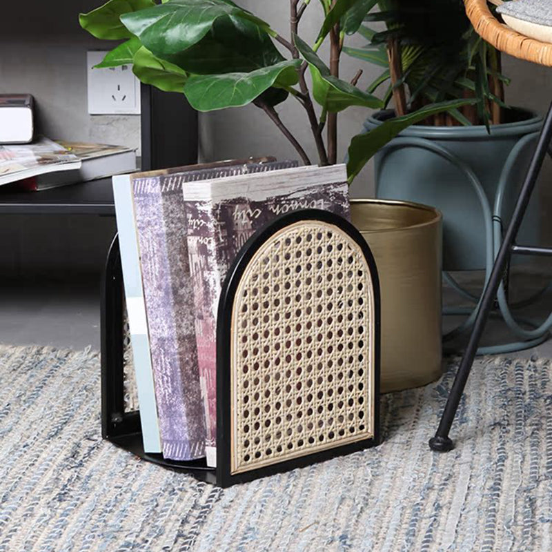 Traditional Vintage Half-Round Iron Bookshelf: Natural Indonesian Rattan & Handwoven - Desk Storage Shelf For Study & Bedroom Cuvalon